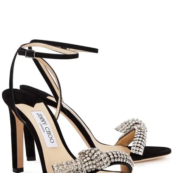 Jimmy Choo Shoes - Jimmy Choo Thyra 100 Black Strappy Heels with Crystal Embellishments